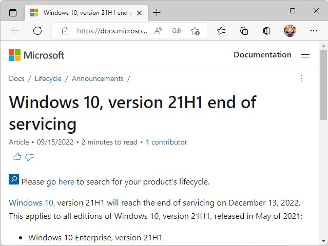 「Windows 10 バージョン 21H1」のサポートが2022年12月13日で終了