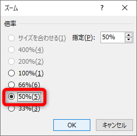 ［ズーム］ダイアログボックスが表示された。ここでは［50%］を選択して［OK］をクリックする。なお、画面右下のズームスライダーではアウトライン表示の文字を拡大できない