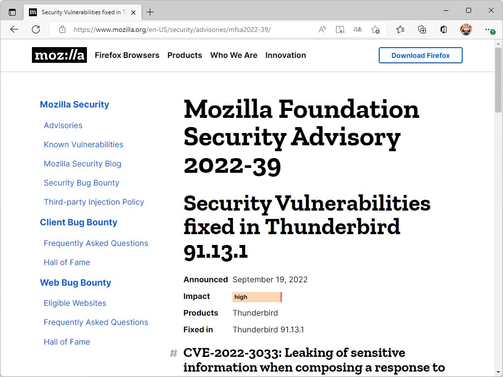 終了したはずの「Thunderbird 91」にセキュリティ更新