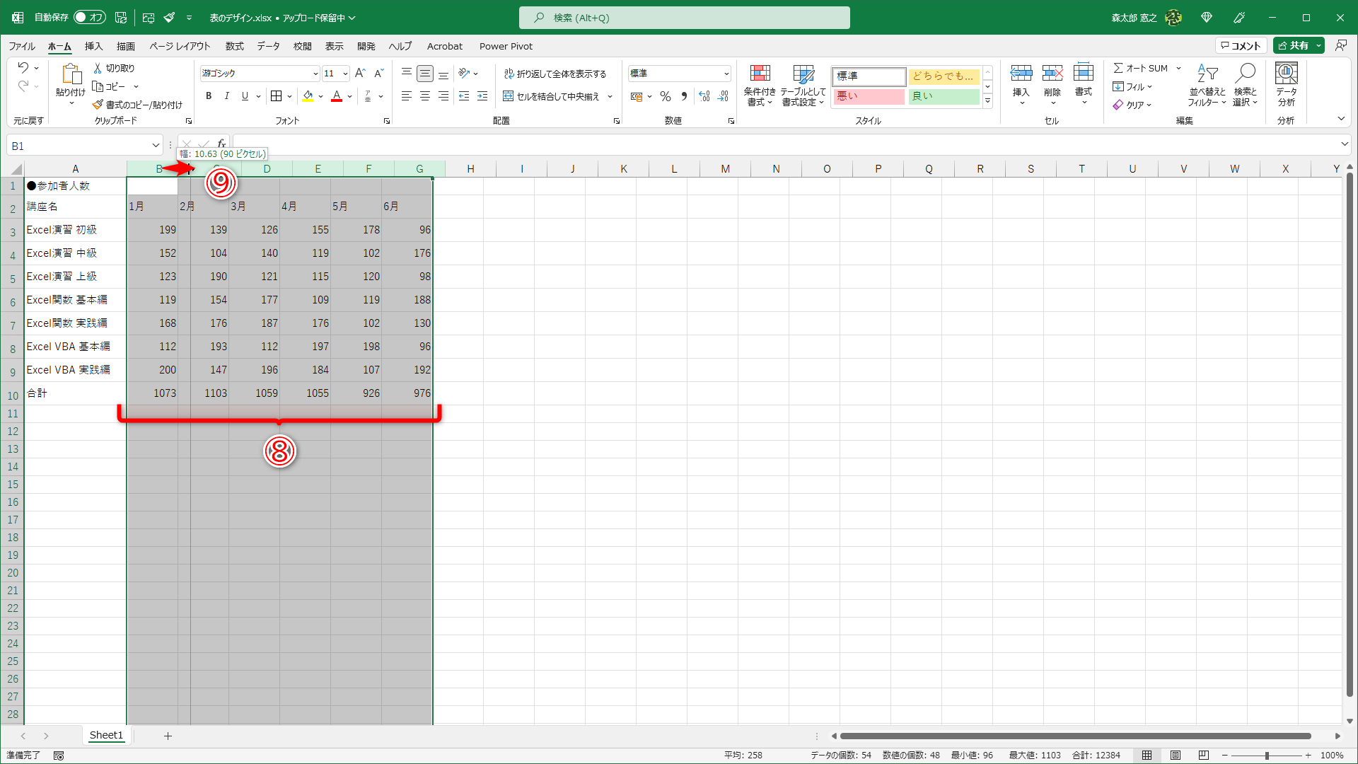 同様に列を選択して（⑧）、列番号の境界線をドラッグします（⑨）。ここでは90ピクセルとしました。A列の幅も広げておいてください