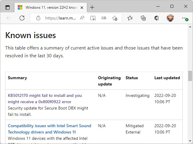 「Windows 11 2022 Update」（バージョン 22H2）における既知の問題は2件