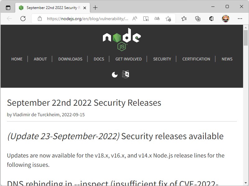 「Node.js」v18.9.1などがリリース