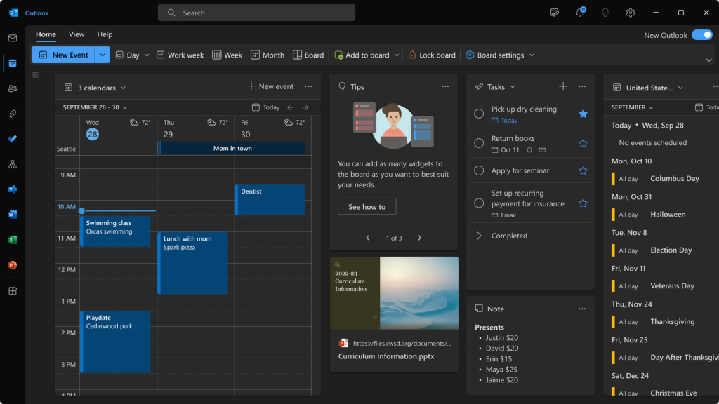 カレンダーのボードビューでもヒントが表示され、新機能に関する有益な提案をしてくれる