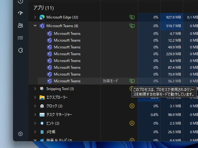 「効率モード」のプロセスには、エコを示す緑色の葉っぱアイコンが付与