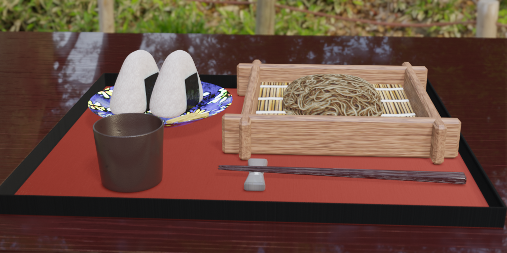 自動生成したテクスチャを使用した作例（背景除く）。「rice ball」や「noodle」でいいテクスチャができたので、ざるそば定食に決定