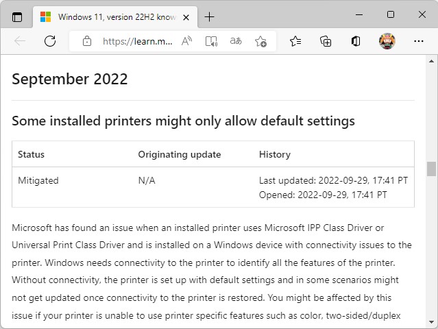 Microsoft、一部のインストール済みプリンターでデフォルトの設定しか利用できなくなる問題が発生していることを明らかに。「Windows 11 バージョン 22H2」に影響