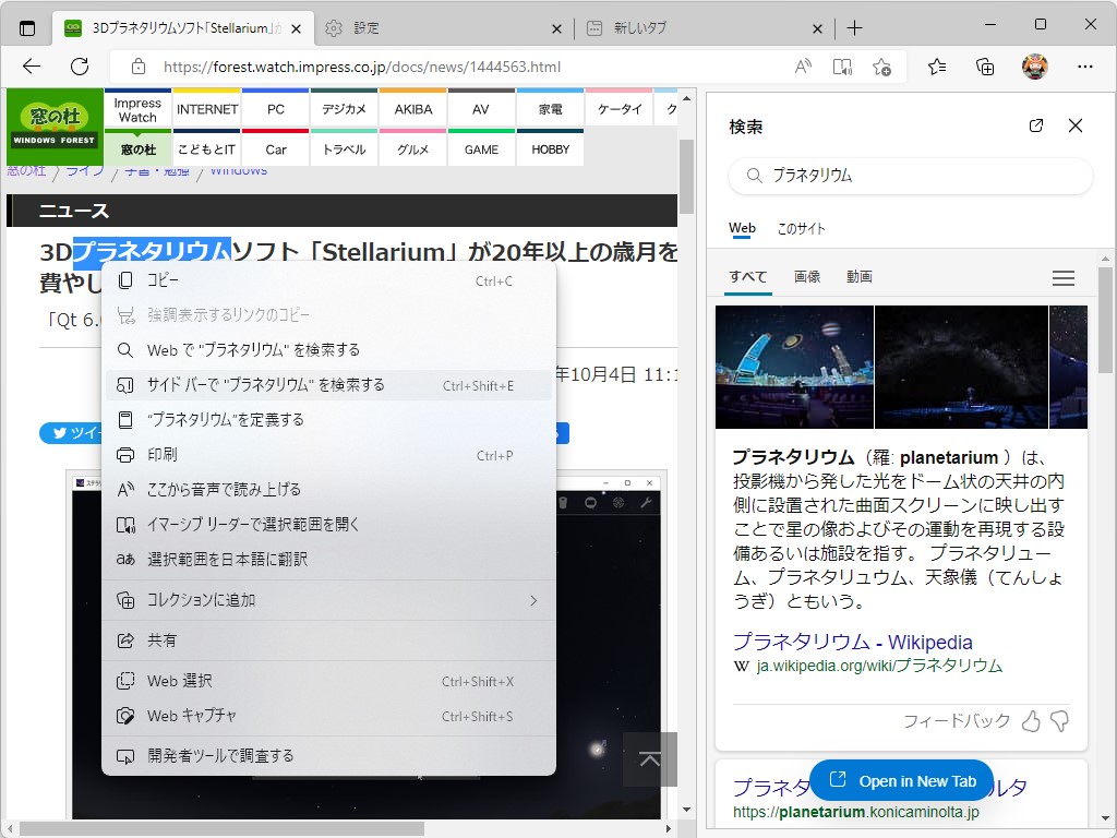 ［サイド バーで "（選択テキスト）" を検索する］というコマンドを実行すると、ここに検索結果を表示