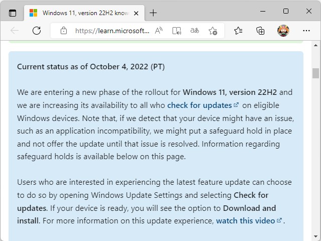 Windows 11のリリースヘルスダッシュボードにおける告知