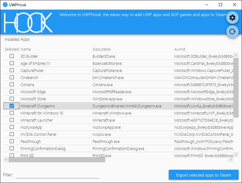 「UWPHook」を起動し、「Steam」ライブラリに登録したいゲームを選ぶ