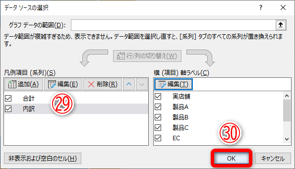 合計と内訳の順番が入れ替わりました（㉙）。［OK］（㉚）をクリックします