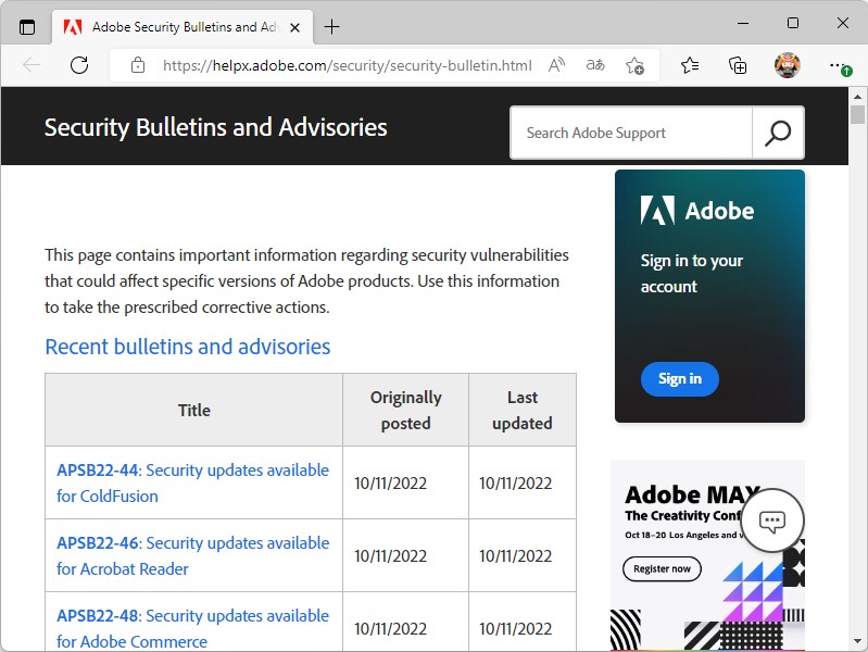 同社のセキュリティ情報ページ