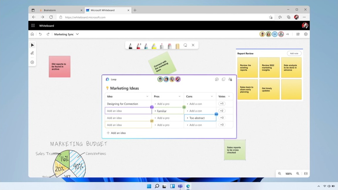「Microsoft Whiteboard」に埋め込んだ「Loop」コンポーネント