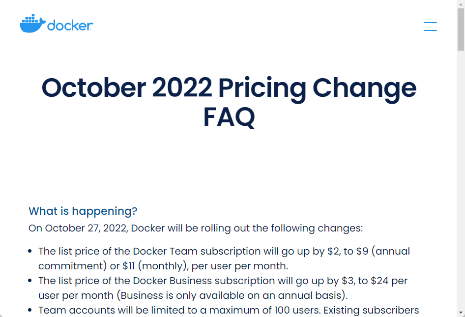 「Docker」のTeamプランが値上げ＆ユーザー数制限追加