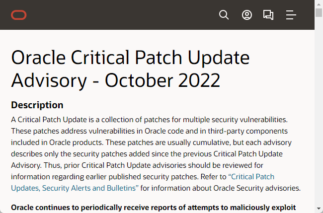 Oracleが2022年10月の「Critical Patch Update」を実施