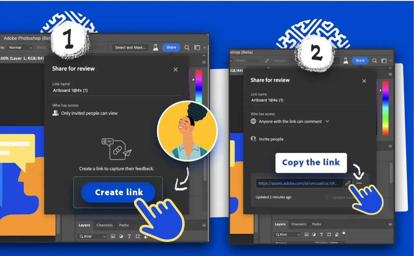 ①［共有］ボタンを押して［レビュー用に共有］選択後、［リンクを作成］をクリックする。②生成されたリンクをコピー