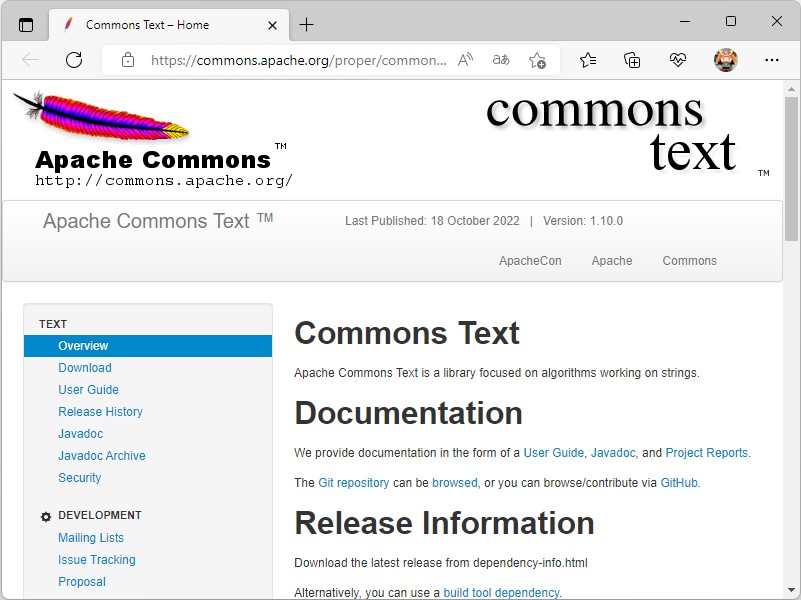 「Apache Commons Text」のWebサイト