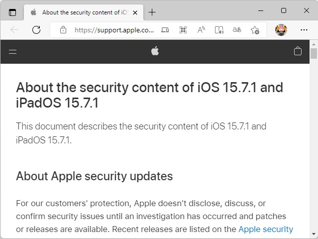 Apple、「iOS 15.7.1」「iPadOS 15.7.1」を公開
