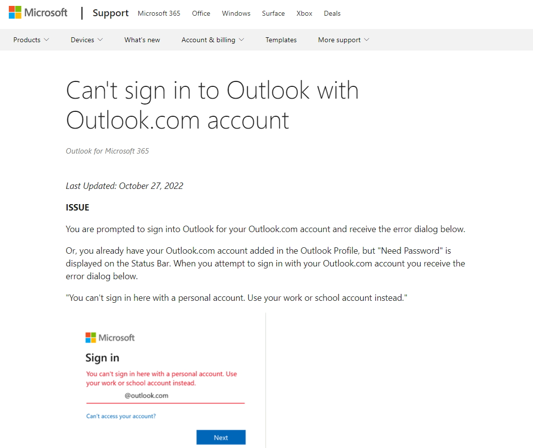 「Outlook」にOutlook.comアカウントでサインインできない問題が発生
