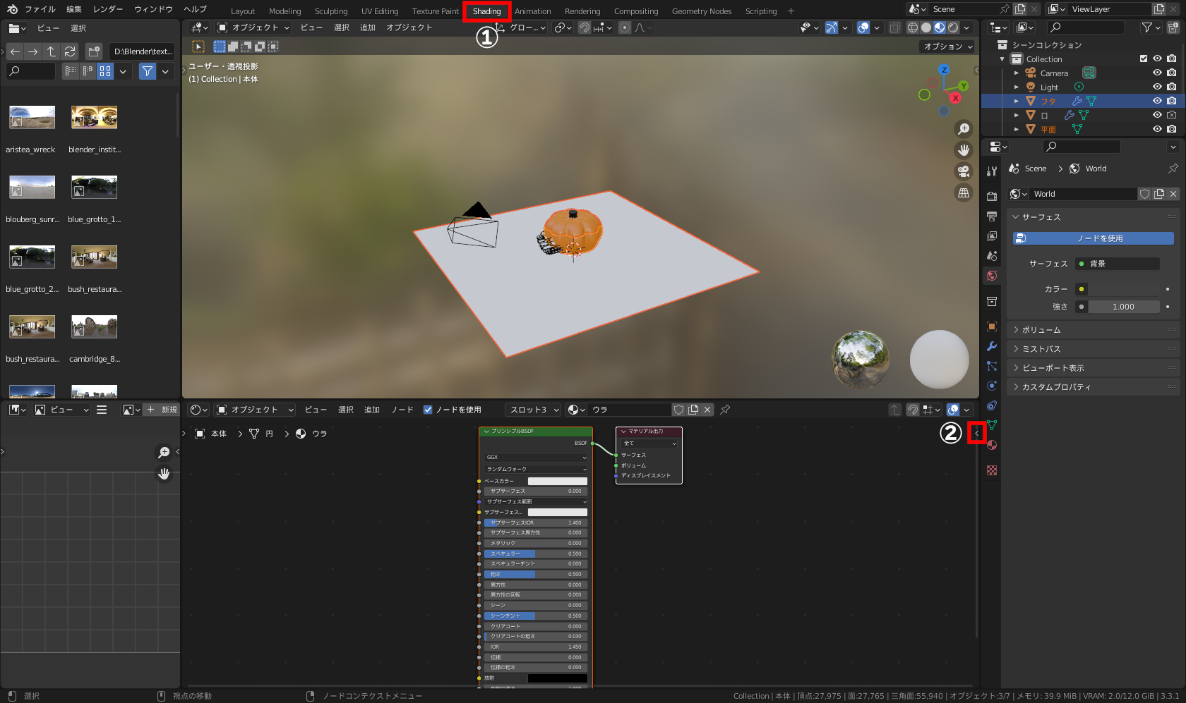 ［Shading］ワークスペース（①）に切り替え、［シェーダーノード］エディター内で左端の［<］（②）をクリックするか、［N］キーを押して［サイドバー］を表示