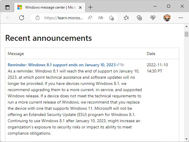 「Windows 8.1」のサポート終了を