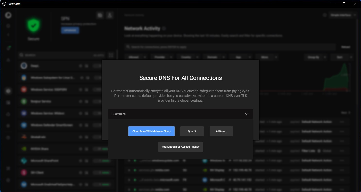 「Cloudflare」などの「DNS over TLS」（DoT）プロバイダーを選択