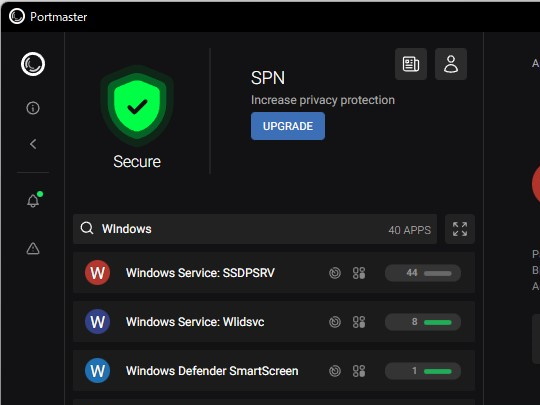 「Portmaster」の状態を一目で把握できる「サイドダッシュ」。アプリごとに表示されているバーは、通信の数とそのブロック状況を示す