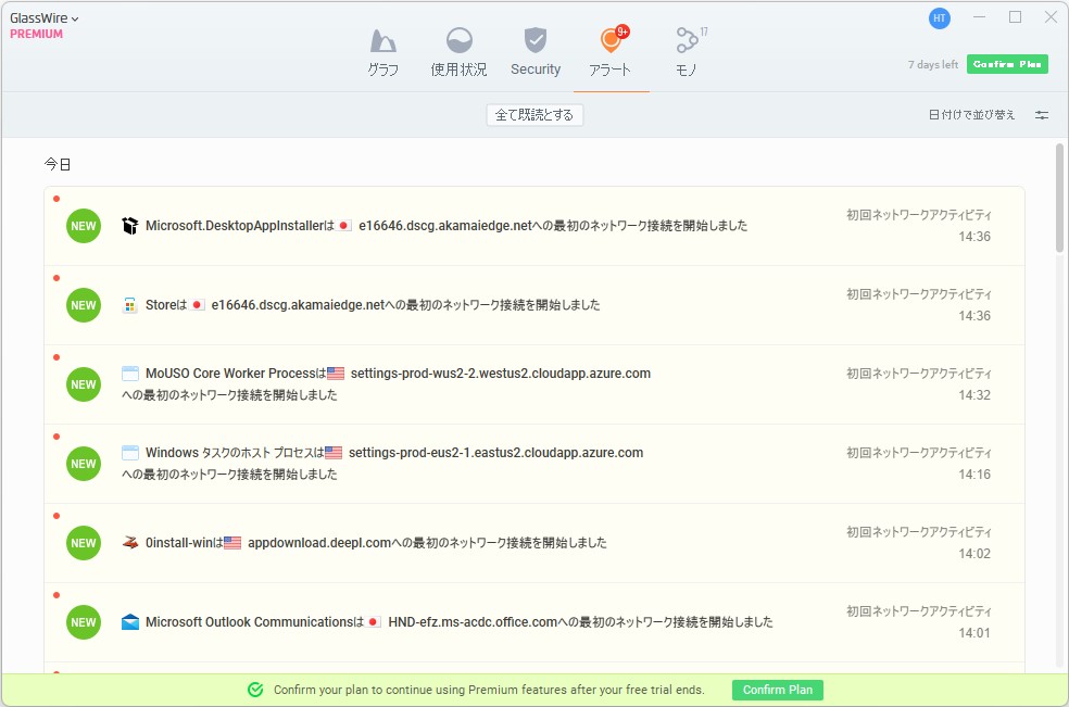新規コネクションなどをリストアップする［アラート］画面