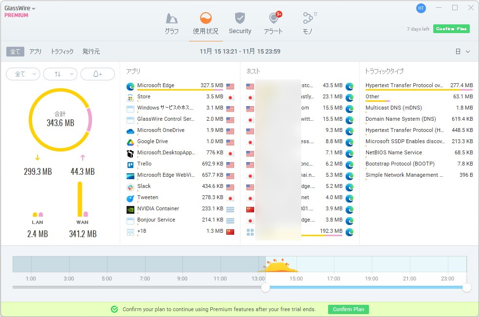 通信量などを一覧できる［使用状況］画面