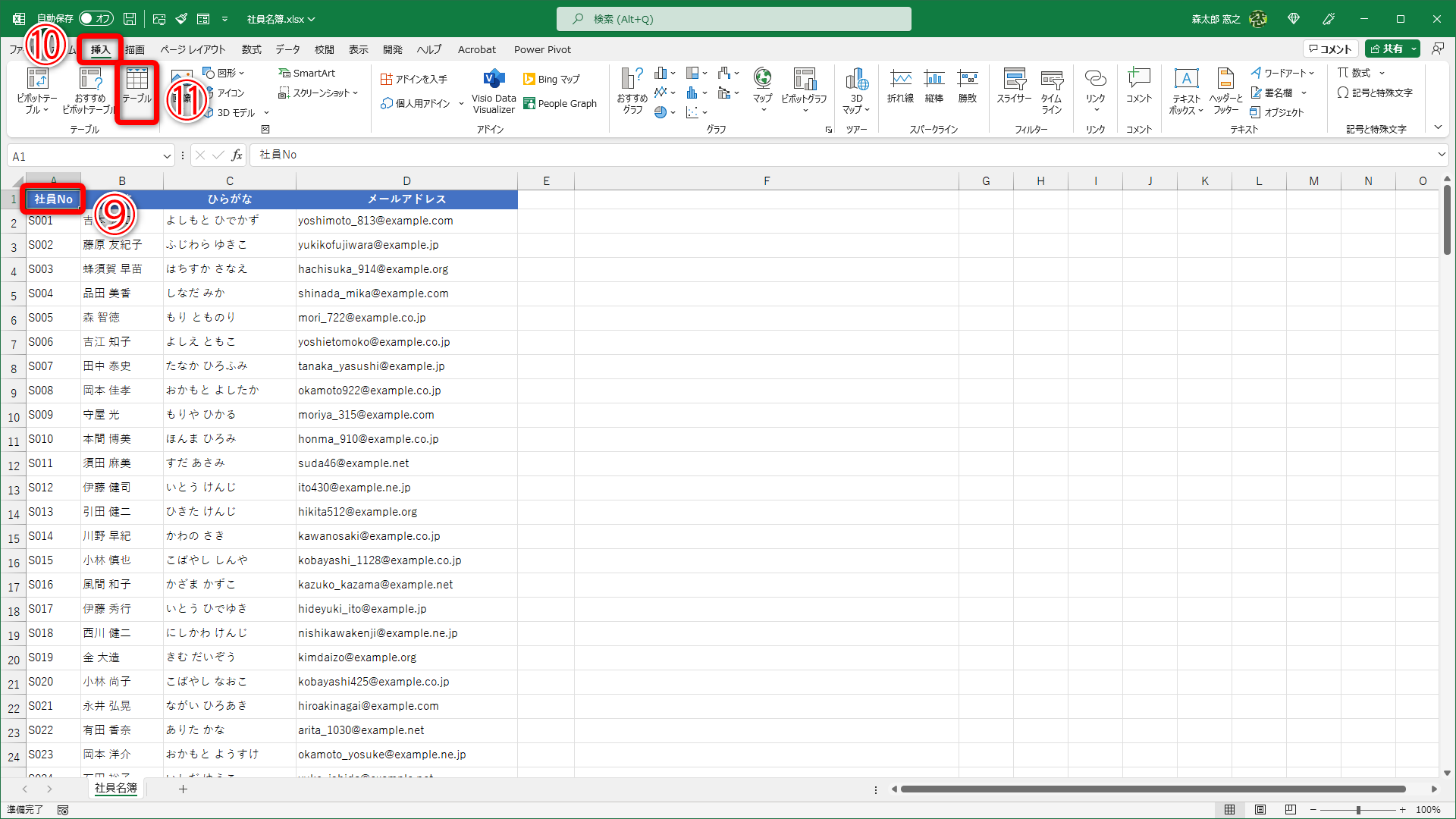 表中の任意のセルを選択しておきます（⑨）。［挿入］タブ（⑩）の［テーブル］（⑪）をクリックします