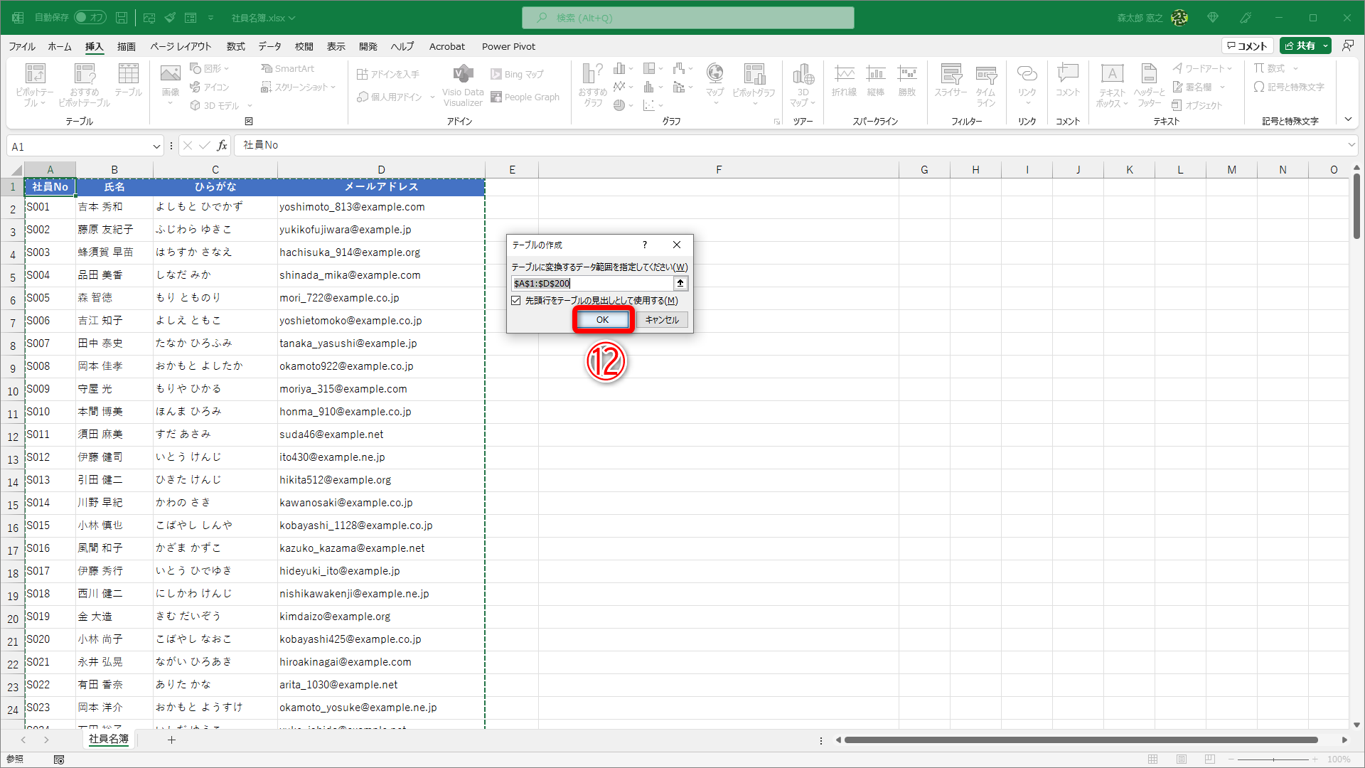 ［テーブルの作成］ダイアログボックスが表示されて、表全体が点線で囲まれます。テーブルに変換するデータの範囲は自動的に判断されるため、特に変更する必要はないでしょう。［OK］（⑫）をクリックします