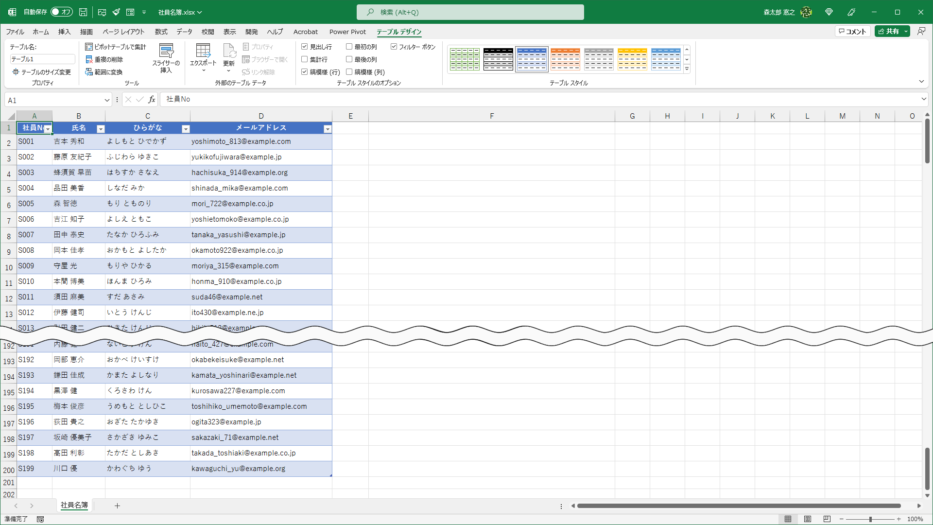 表がテーブルに変換されてストライプになりました。［テーブルデザイン］タブにある［テーブルスタイルのオプション］でフィルターボタンの有無、［テーブルスタイル］でデザインを変更可能です