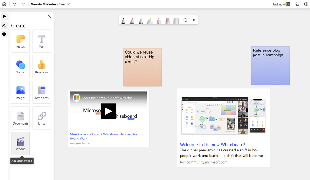 作成パネルから動画やWebのリンクを埋め込むことができる