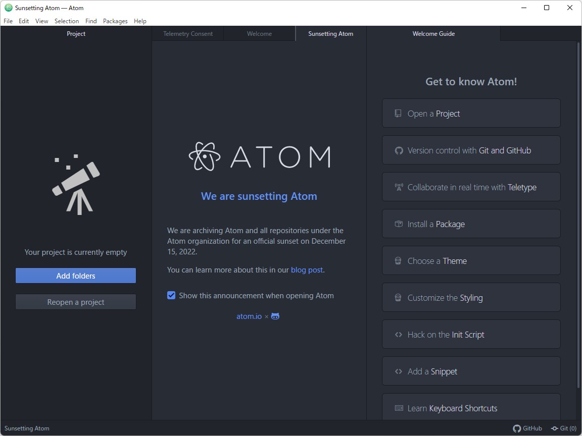 「Atom」v1.63.0。「Atom」の開発終了を通知する画面が表示される