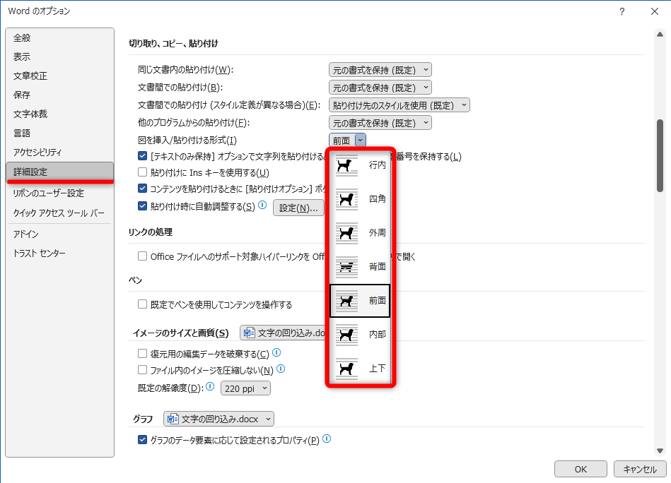 設定は［Wordのオプション］の［詳細設定］で確認できる。ここで設定変更も可能