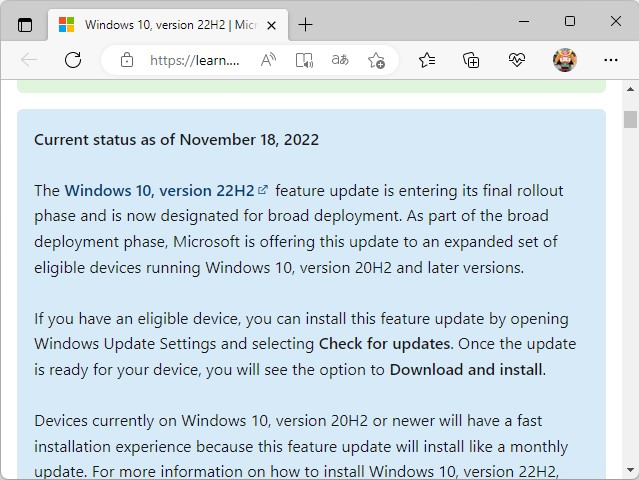 Windows 10のリリース情報ページ