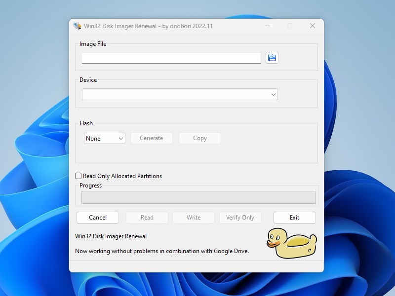 改修版「Win32 Disk Imager Renewal」。オリジナルから「Qt」依存を排した派生版（フォーク）をベースにしているため、UIもちょっと改善されている