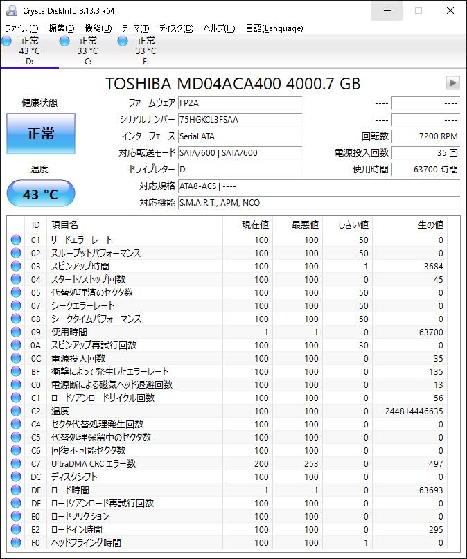 筆者所有のHDDの中で最も使用時間が長かった東芝製HDD「MD04ACA400」。実働7年超でも「正常」だ