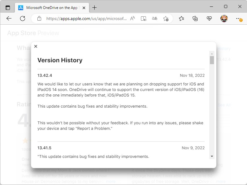 iOS版「OneDrive」アプリのリリースノート