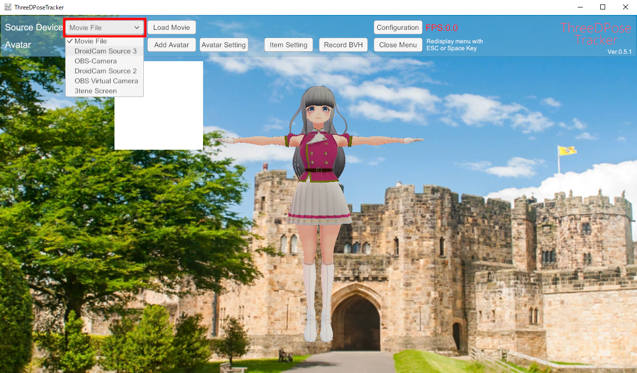 ［Source Device］ドロップダウンリストから利用するデバイスを選択