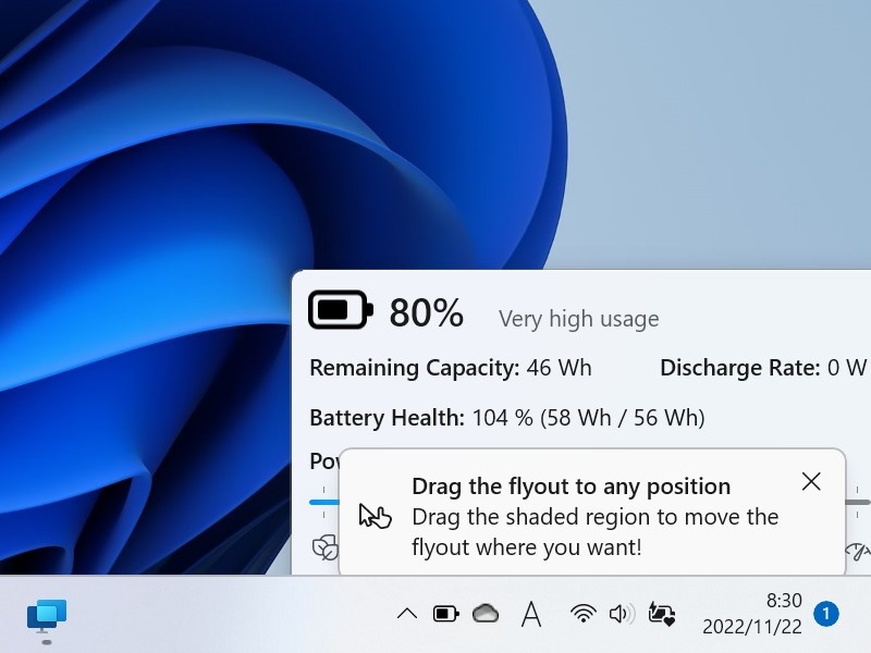 フライアウトの表示位置がずれていて見にくい場合は、ドラッグで位置を調整可能