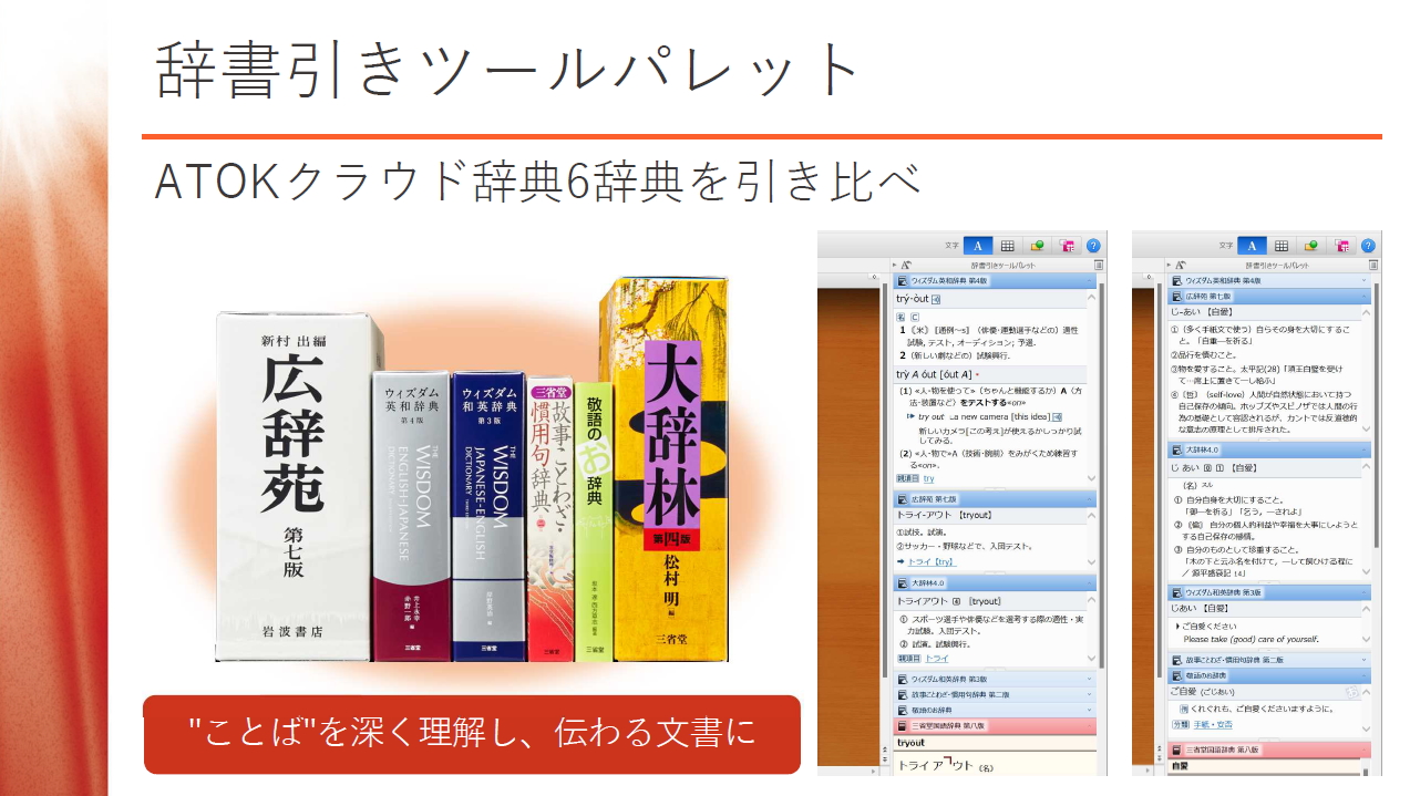 『広辞苑』や『大辞林』などを引き比べできる「辞書引きツールパレット」