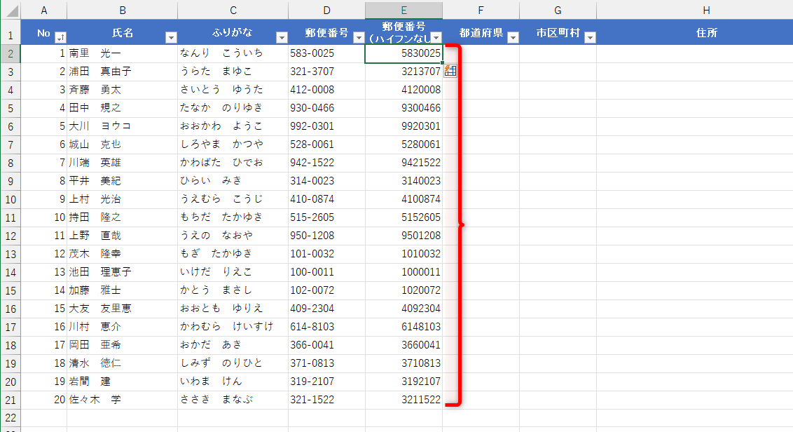 ハイフンなしの郵便番号を取得できた
