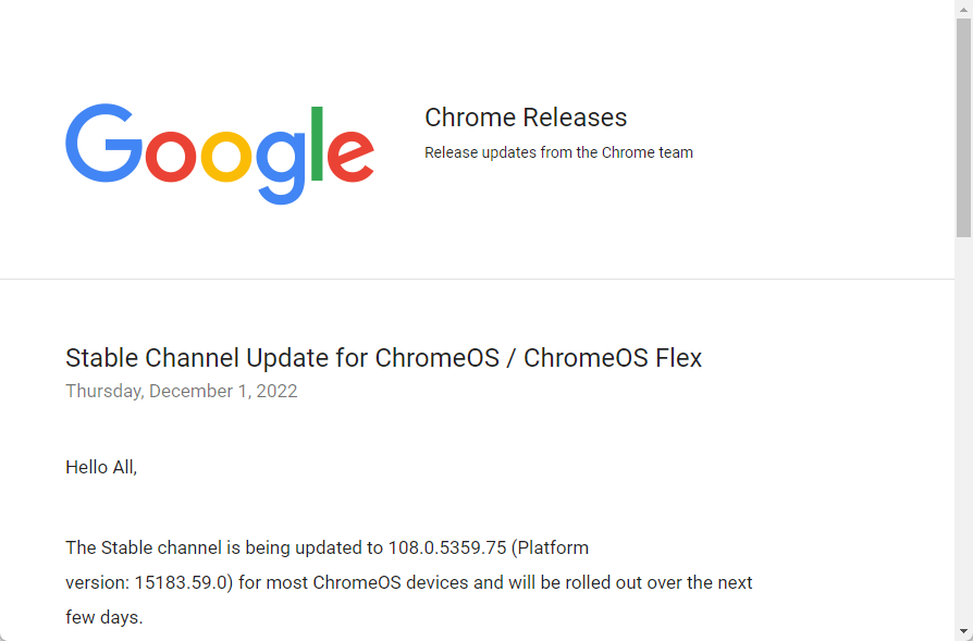 ChromeOSおよびChromeOS Flexの最新版v108.0.5359.75がリリース