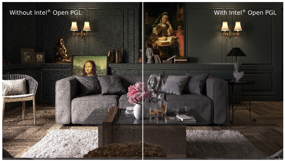 同じシーンを同じ時間でレンダリングした様子。「パスガイディング」のあり（右）・なし（左）でノイズの量がまったく異なる