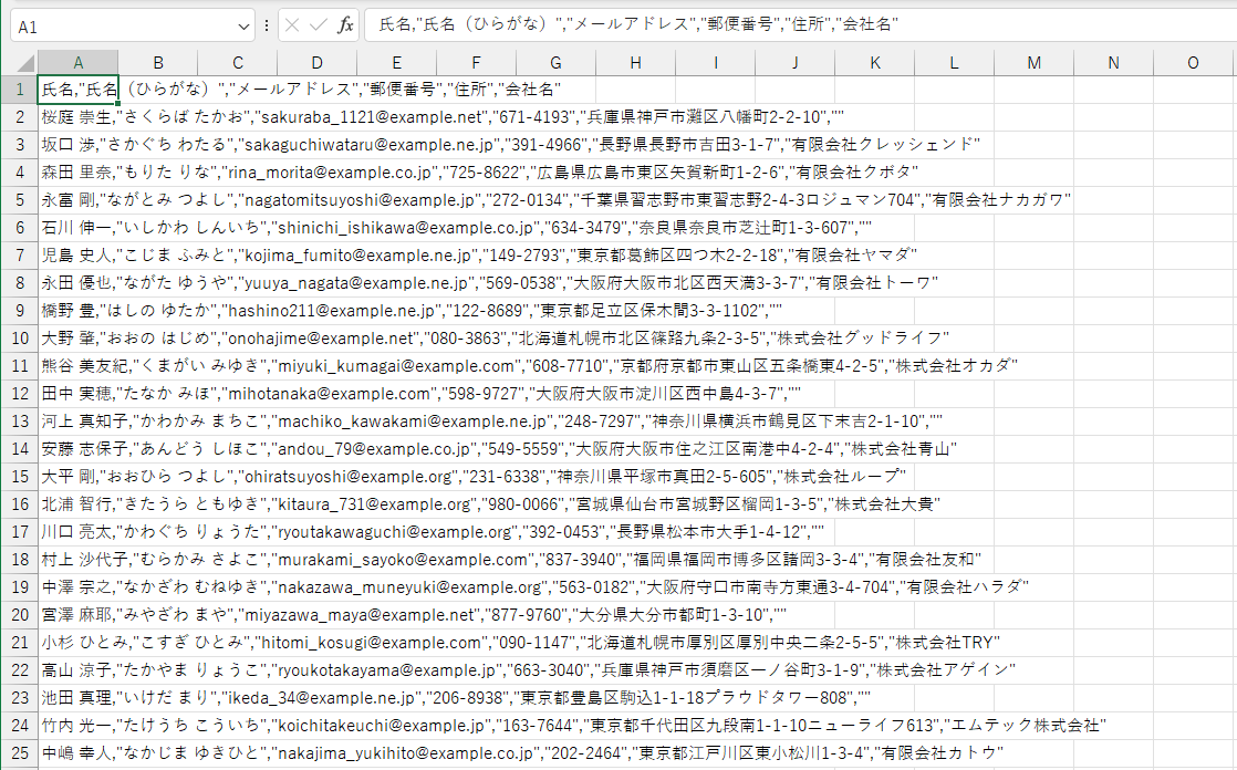 データは表示されていても「カンマ」で区切られていないCSVファイルの例