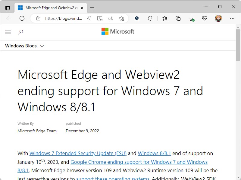 公式ブログ「Microsoft Edge Blog」におけるアナウンス