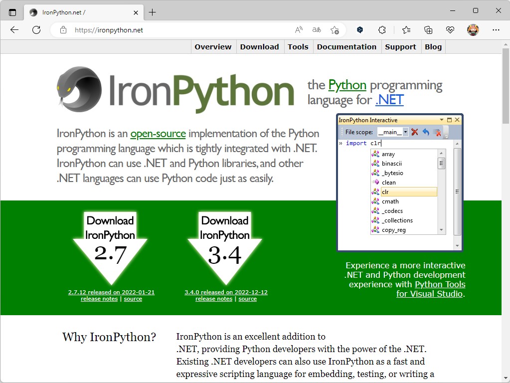 「IronPython」の公式サイト