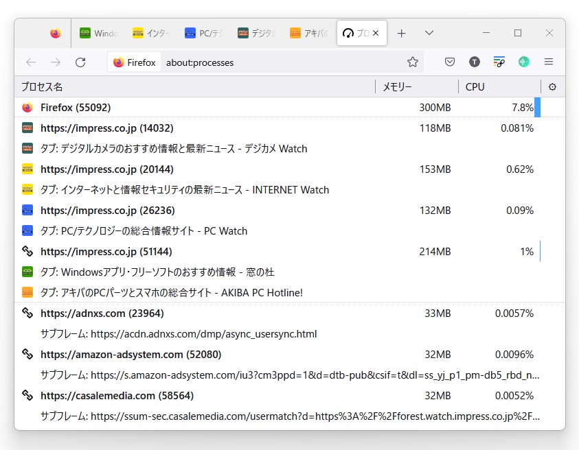 「プロセスマネージャー」（about:processes）