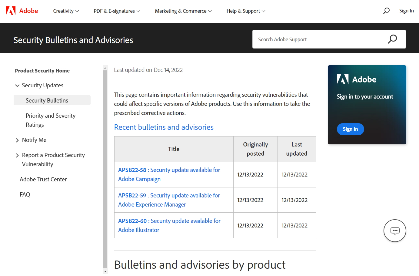 米Adobeのセキュリティ情報ページ