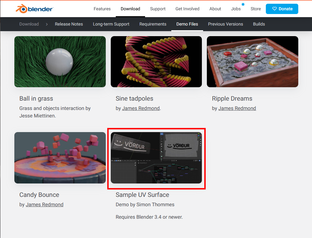 <a href="https://www.blender.org/download/demo-files/" class="n" target="_blank">リンク先のデモファイル</a>の中から図の囲み内の画像をクリックしてダウンロード